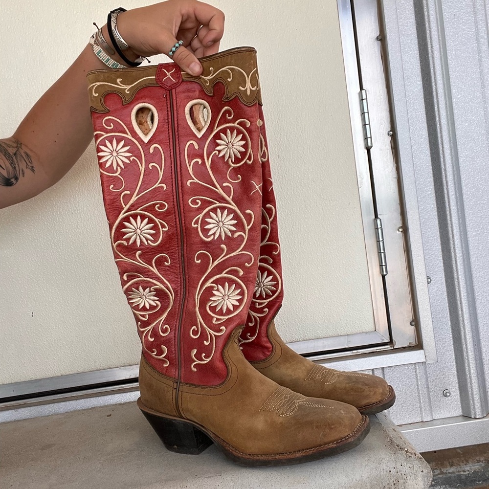 Twisted X Red and Brown Floral Embroidered Knee-High Heeled Cowboy Boots
